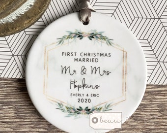 Personalised First Christmas Married Mr Mrs Wedding gift Marble Style Botanical Ceramic or Acrylic Round Decoration Ornament Keepsake