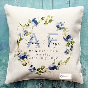 Personalised Married Names Mr & Mrs Wedding .. Blue floral wreath Eucalyptus Greenery Design Linen Style Cushion cover