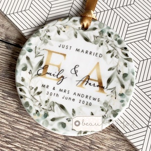 Personalised Wedding gift Just Married Names Mr & Mrs Wedding Eucalyptus Greenery Wreath Ceramic or Acrylic Decoration Ornament Keepsake