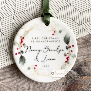 Personalised First Christmas As Grandparents Grandma Nana Grandpa Holly  Foliage Geometric Ceramic Round Decoration Ornament Keepsake