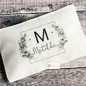 Personalised Name and Initial..  Modern Geometric Foliage Greenery Design Linen Style Make up Bag Birthday Gift for Mum Friends Sister Aunt