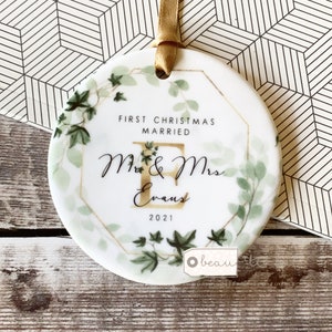 Personalised First Christmas Married as Mr & Mrs Wedding gift Greenery Ivy Geometric Ceramic or Acrylic Round Decoration Ornament Keepsake