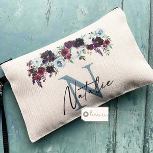 Personalised Name and Initial.. Burgundy Grey Floral Design Linen Style Make up Bag Birthday Gift for Mum Friends Sister Aunt