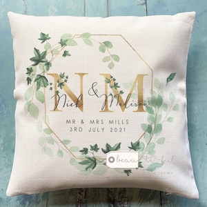 Personalised Just Married Initials Mr Mrs Wedding ..Ivy  Geometric Greenery Design Linen Style Cushion cover