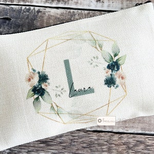 Personalised Name and Initial.. Blue Blush Floral  Greenery Design Linen Style Make up Bag Mirror Mug Birthday Gift for Mum Friend Sister
