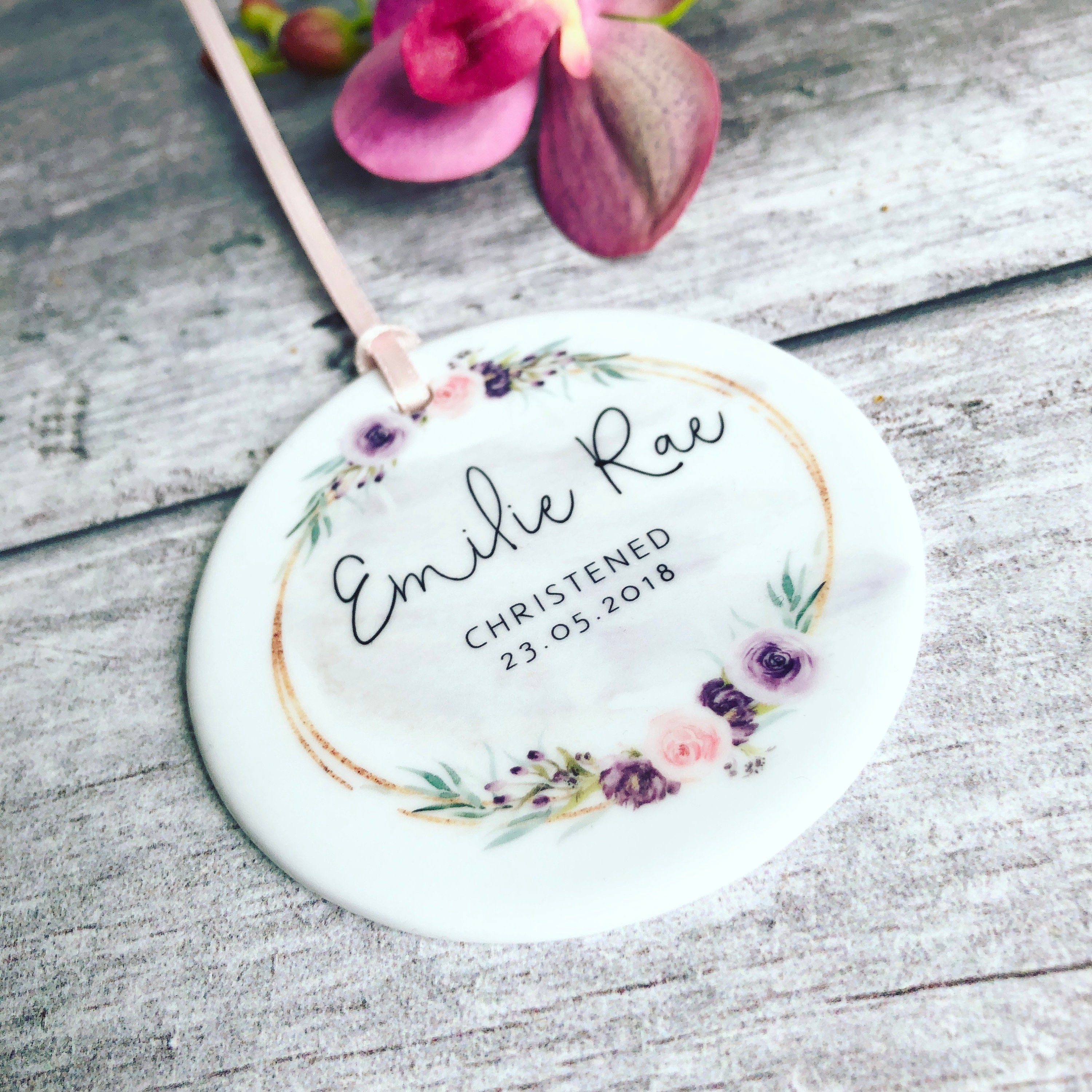 Personalised Christening Baby Girl Pretty Floral Ceramic Round Decora…