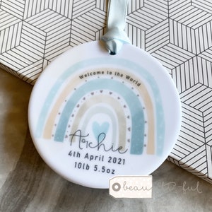 Personalised New Baby Girl Boy Rainbow Decoration....Round Ceramic ornament  ... - Keepsake Decoration - Ornament