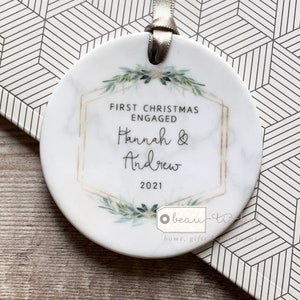 Personalised First Christmas Together Engaged Engagement Names Initials Botanical Greenery Ceramic or Acrylic Decoration Ornament Keepsake