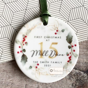 Personalised First Christmas New Home Address gift Holly Foliage Geometric Ceramic or Acrylic Round Decoration Ornament Keepsake