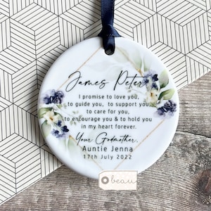 Personalised Godparents Godmother Godfather Promise to Godchild Christening Baptism Quote Geometric botanical Ceramic Ornament Keepsake
