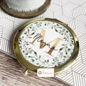 Personalised Initial and Name Eucalyptus Greenery Wreath Round Rose Gold Compact Mirror Wedding Bridesmaid Gift