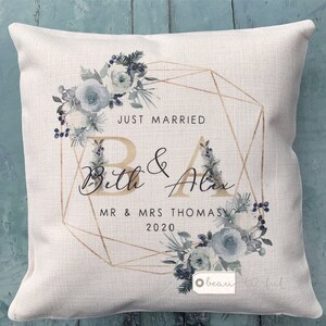 Personalised Just Married Initials Mr Mrs Wedding Anniversary   White Blue Floral Geometric Greenery Design Linen Style Cushion decor cover