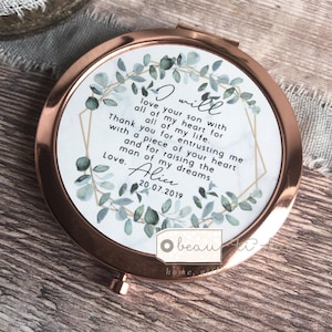 Personalised Mother of Groom Bride Thank you from Bride Groom Quote Geometric Greenery Rose Gold Compact Mirror Wedding Gift