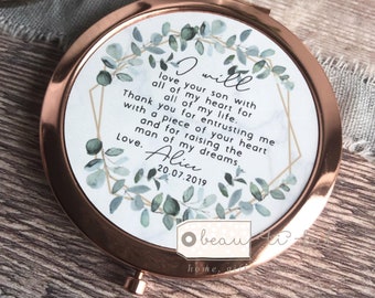 Personalised Mother of Groom Bride Thank you from Bride Groom Quote Geometric Greenery Rose Gold Compact Mirror Wedding Gift