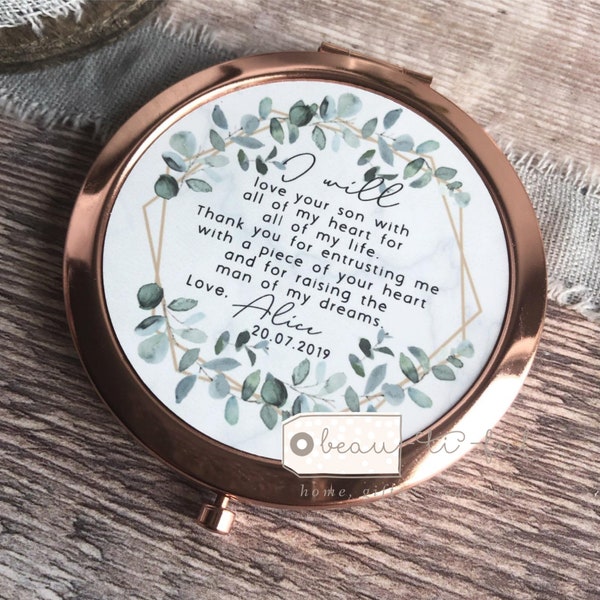 Personalised Mother of Groom Bride Thank you from Bride Groom Quote Geometric Greenery Rose Gold Compact Mirror Wedding Gift