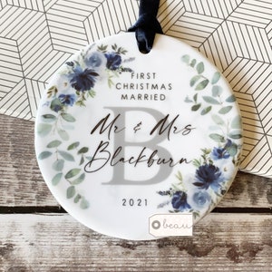 Personalised First Christmas Married as Mr & Mrs Wedding Blue Floral Greenery Ceramic Round Decoration Ornament Keepsake