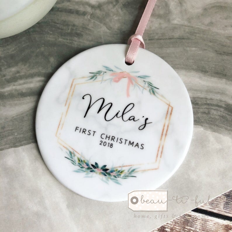 Personalised First Christmas gift Baby Girl Marble Style Botanical Ceramic or Acrylic Round Decoration Ornament Keepsake image 5