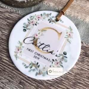 Personalised Baby’s First Christmas New Baby Newborn Floral Greenery Ceramic Round Decoration Ornament Keepsake