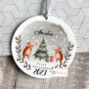 Personalised Baby’s First Christmas gift New Baby Boy Girl Newborn Woodland animal Greenery Ceramic or Acrylic Decoration Ornament Keepsake