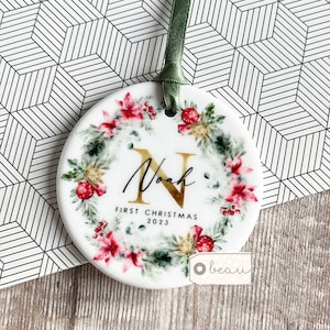 Personalised Baby’s First Christmas gift New Baby Boy Girl Newborn Geometric Greenery Ceramic or Acrylic Round Decoration Ornament Keepsake