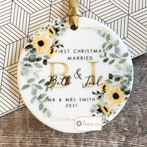 Personalised First Christmas Married Mr Mrs Wedding Sunflower Ceramic Round Decoration Ornament Keepsake