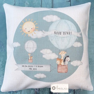 Gepersonaliseerde nieuwe babyjongen ballon dieren blauw grijs... Linnen stijl kussenhoes - pasgeboren - geboorte - babyjongen
