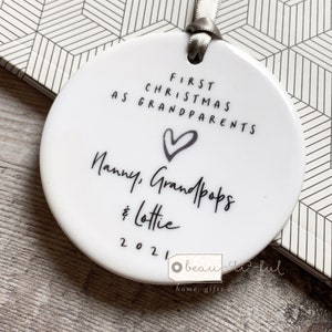 Personalised First Christmas As Grandparents Grandma Nana Grandpa Heart Monochrome Ceramic Round Decoration Ornament Keepsake