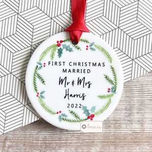 Personalised First Christmas Married Mr Mrs Wedding Holly Ceramic Round Decoration Ornament Keepsake