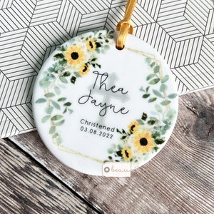 Personalised Christening Baptism Baby Boy Girl Sunflower Greenery Botanical Ceramic Round Decoration Ornament Keepsake