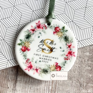 Personalised First Christmas Married Mr Mrs Wedding Gift Greenery wreath Ceramic or Acrylic Round Decoration Ornament Keepsake