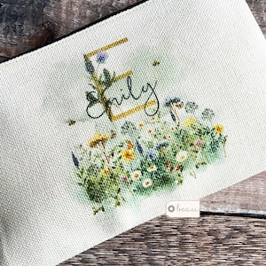 Personalised Name and Initial.. meadow flowers Greenery Design Linen Style Make up Bag Mirror Mug Birthday Gift for Mum Friend Sister