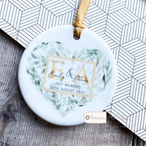 Personalised Just Married Names Mr & Mrs Wedding Eucalyptus Greenery Heart Ceramic Round Decoration Ornament Keepsake