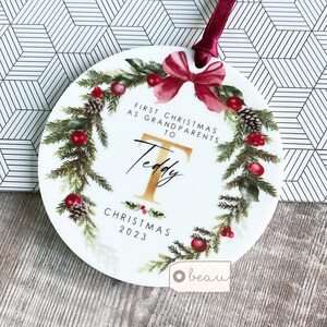 Personalised First Christmas As Grandparents Grandma Nana Grandpa Greenery Foliage Geometric Ceramic or Acrylic Decoration Ornament Keepsake