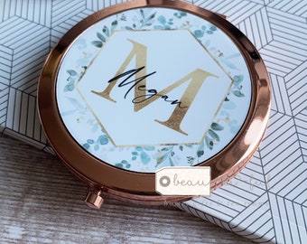 Personalised Initial and Name Eucalyptus Geometric Greenery Round Rose Gold Compact Mirror Wedding Bridesmaid Gift