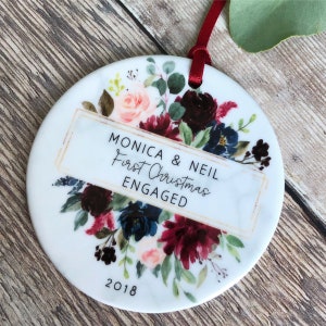 Personalised First Christmas Engaged Together  Burgundy Floral Ceramic Ornament ... - Keepsake Decoration