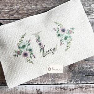 Personalised Name and Initial.. Mint mauve Floral  Greenery Design Linen Style Make up Bag Mirror Mug Birthday Gift for Mum Friend Sister