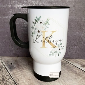 Personalised Name and Initial White Floral Travel Mug - Coffee Mug - Gift Mug  - Cup