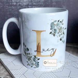 Personalised Name and Initial Mug with Greenery Eucalyptus Botanical Detail - Tea Coffee Mug - Friend gift