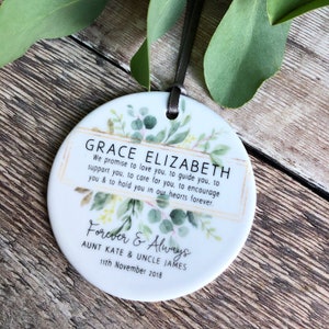 Personalised Godparents Godmother Godfather Promise to Godchild .. Christening Baptism Quote Framed Greenery Ceramic Round Ornament Keepsake