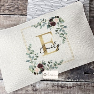 Personalised Name and Initial.. Burgundy Floral Eucalyptus Geometric Greenery Design Linen Style Make up Bag Birthday Mum Friends Sister