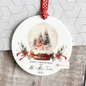 Personalised First Christmas Married Mr Mrs Wedding Gift Greenery Snow Globe design Ceramic or Acrylic Round Decoration Ornament Keepsake
