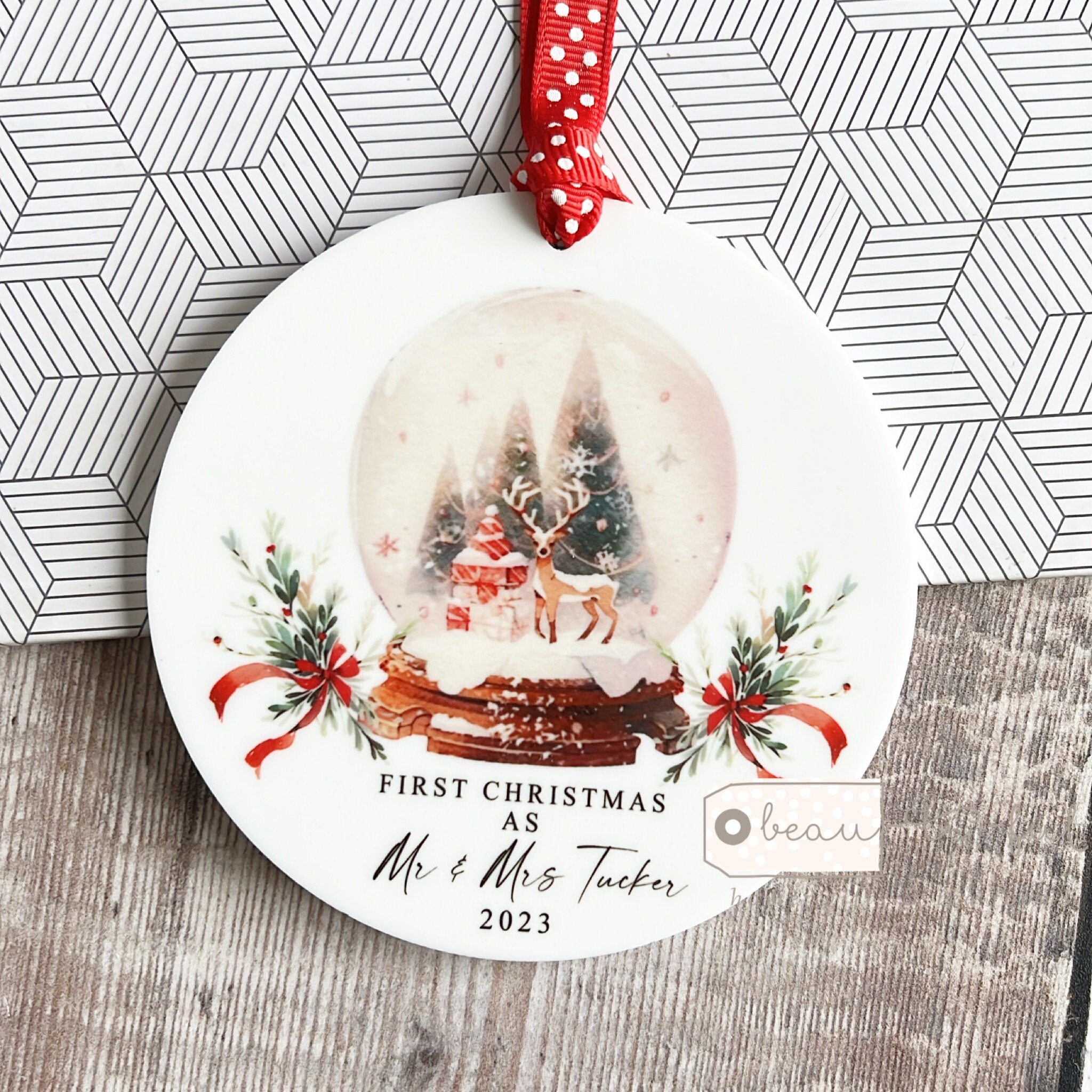 Personalised First Christmas Married Mr Mrs Wedding Gift Greenery Snow Globe design Ceramic or Acrylic Round Decoration Ornament Keepsake