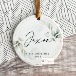 Personalised Baby’s First Christmas gift New Baby Boy Girl Newborn Geometric Greenery Ceramic or Acrylic Round Decoration Ornament Keepsake