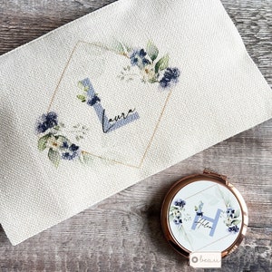 Personalised Name and Initial.. Blue Floral  Greenery Design Linen Style Make up Bag Mirror Mug Birthday Gift for Mum Friend Sister