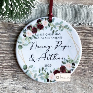 Personalised First Christmas As Grandparents Grandma Nana Grandpa Geometric Greenery  Ceramic Round Decoration Ornament Keepsake