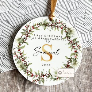 Personalised First Christmas As Grandparents Grandma Nana Grandpa Greenery Foliage Geometric Ceramic or Acrylic Decoration Ornament Keepsake