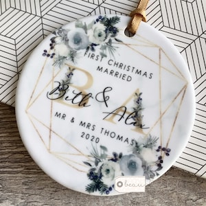Personalised First Christmas Names Mr & Mrs Wedding Geometric Winter white blue Floral Greenery Ceramic Round Decoration Ornament Keepsake