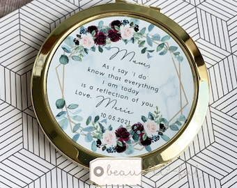 Personalised Mother Bride Groom As I say ‘I do’ from Bride Groom Quote Burgundy Floral Geometric Greenery Rose Gold Compact Mirror Wedding