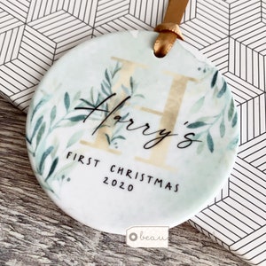 Personalised First Christmas gift Baby Girl Boy Initial Eucalyptus Ceramic or Acrylic Round Decoration Ornament Keepsake