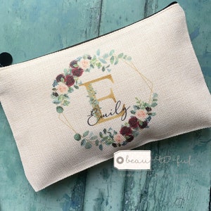 Personalised Name and Initial.. Burgundy Eucalyptus Geometric Greenery Design Linen Style Make up Bag Birthday Gift for Mum Friends Sister